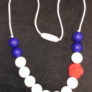 Red Rose with White & Blue Silcone Teething Necklace NK1521 Handmade NWT Bouti
